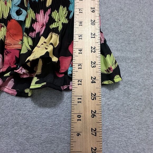 Vintage Funky Women Top XL Black Bright Floral Micro Pleat Crinkle Retro Mod Y2K - Picture 12 of 14